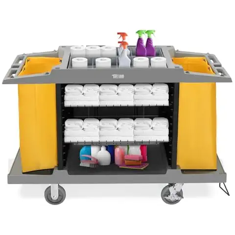 TUFFIOM Industrial Multifunctional Hotel Cart,Commercial Traditional Cleaning Janitorial Room Service Housekeeping Cart, 39" H x 58" W x 21" D,Grey Cover