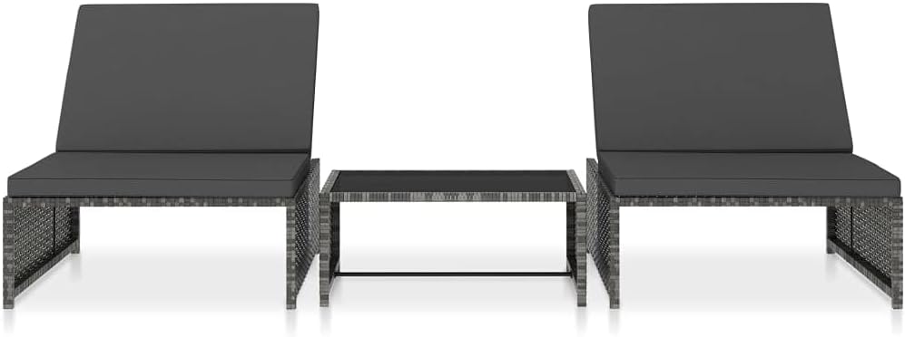 Sun Loungers 2 pcs with Table Poly Rattan Gray,Lounge Chair Portable Lightweight Reclining Garden Sun Lounger for Patio, Deck, and Poolside