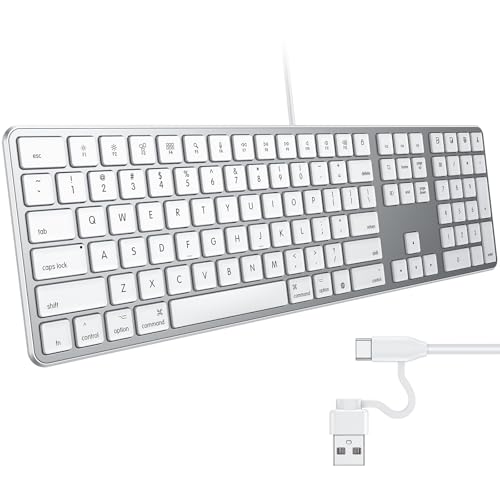 OMOTON Wired Keyboard for Mac, Dual Interface (USB and Type-C) for MacBook Pro/Air, iMac, iMac Pro, Mac Mini, Mac Pro Laptop, PC, Full-Size Keyboard with Numeric Keypad, Silver