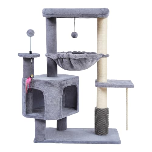 Cat Tree with Cat Condo and Hammock for Indoor Cats, Cat Tree with Self-Grooming Brush and Toy Balls,Cat Tower with Scratching Posts,Grey