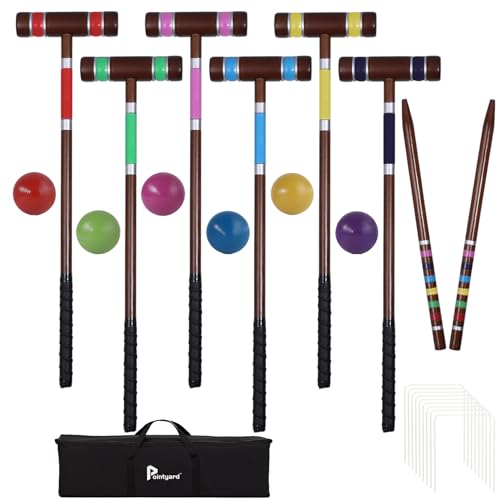 Pointyard Six Player Croquet Set, 28’’ Croquet Set with Wooden Mallets/Colored Ball/Wickets/Stakes for Adults/Teenager/Family-Perfect for Lawn/Backyard Game/Park (Vintage Brown)
