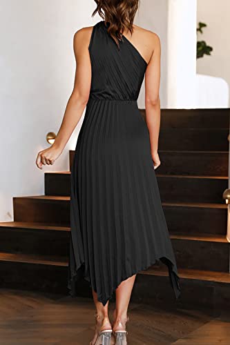 Prettygarden Women's Summer Long Satin Dress One Shoulder Sleeveless Ruched Twist Flowy Maxi Dresses (Black,Medium) #TOP20