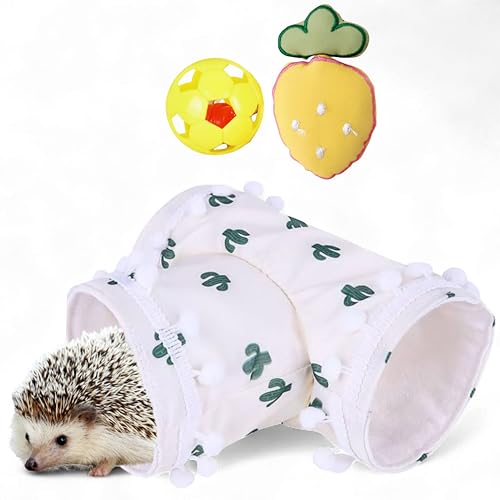 Hedgehog Hideout Tunnels with Bell Ball Toy, Hedgehog Tunnels with 2pcs Toys For Hedgehogs, Small Animal Tunnel Tubes Toy For Hamster Guinea Pig Chinchilla Rabbit, Hedgehogs Accessories (White Tunnel)