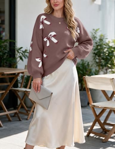 Image of Libsorge Womens Oversized Cute Bows Crewneck Pullover Sweater