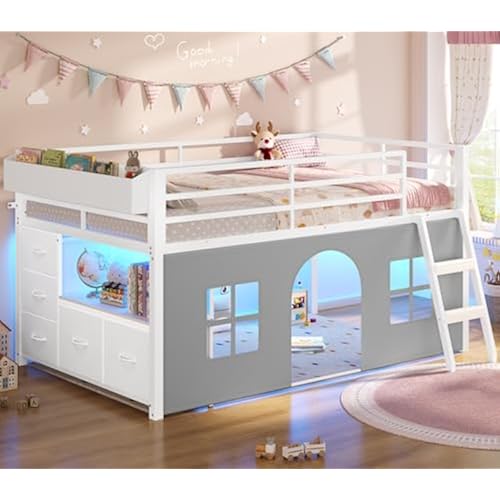 ADORNEVE Low Loft Bed Twin Size with Tent and 5 Storage Drawers, White