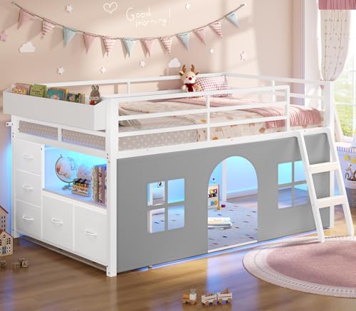 ADORNEVE Low Loft Bed Twin Size with Tent, 5 Storage