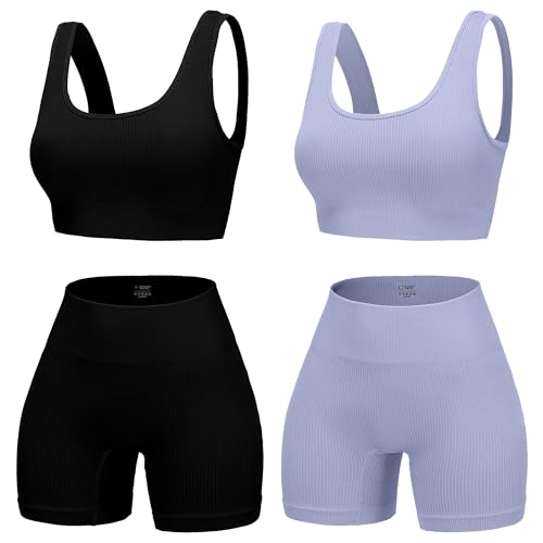 YWBIN 4 Piece Workout Sets for Women Seamless Ribbed High Waist Yoga shorts with Sports Bra Outfits