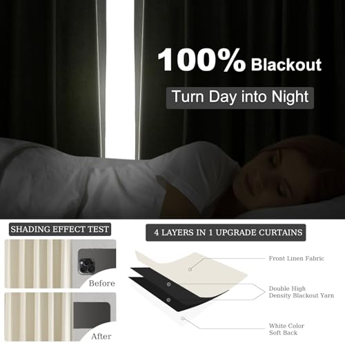 Topfinel Extra Long Total Blackout Linen Ceiling Curtains 108 Inches Long for Large Window Track System, Cream Pleated Cold Blocking Acoustic Heavy Ivory Track Tall Curtains 2 Panels 9 FT Beige by Topfinel - Image 6