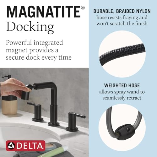 Image of Delta Nicoli Matte Black Bathroom Faucet with Sprayer, 8 Inch 3 Hole Widespread Bathroom Sink Faucet with Pull Out Sprayer, Push-Pop Drain, Matte Black 35849LF-BLPD.