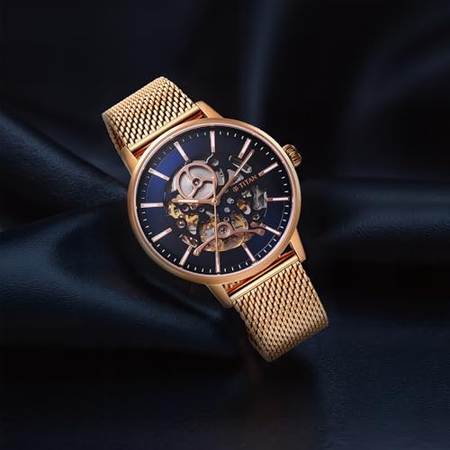 Image of Titan Slimline Mechanical Midnight Blue Dial Rose Gold Stainless Steel Strap Watch for Men - NT90159WM01