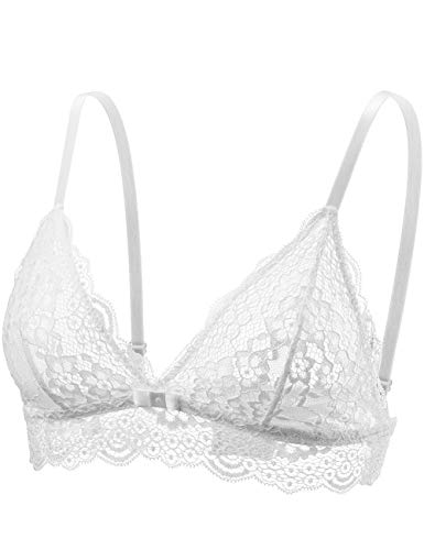 Lace Bralettes for Women No Underwire Sexy Triangle See Thru V Neck Unpadded Bra, Pack of 1 (White), Medium