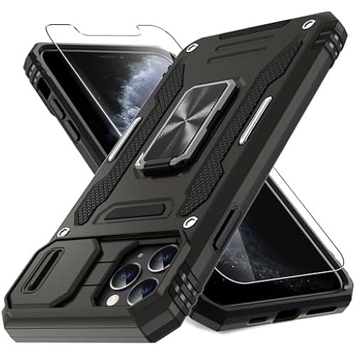 DEERLAMN Case for iPhone 11 Pro Max with Slide Camera Cover+Screen Protector (1 Pack),Rotated Ring Kickstand Military Grade Shockproof Protective Cover 6.5 Inch-Black
