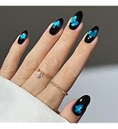 24Pcs Dark Blue Sparkling Press on Nails Medium Almond Fake Nails with Blue Butterfly designs Fal...