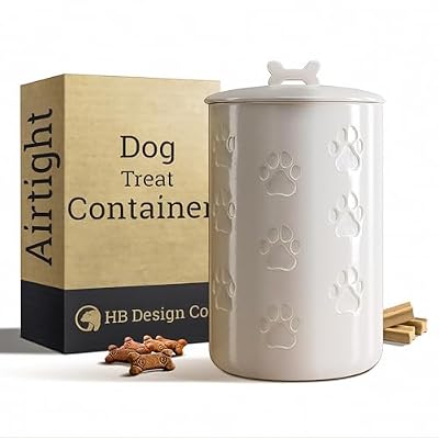 Dog Treat Container Airtight - 5 Inch Wide x 9 Inch Tall Ceramic Dog Treat Jar for Kitchen Counter with Airtight Lid - 7 Cup Capacity Pet Treat Container - Cute Doggie Cookie Jar - Big Treats Canister