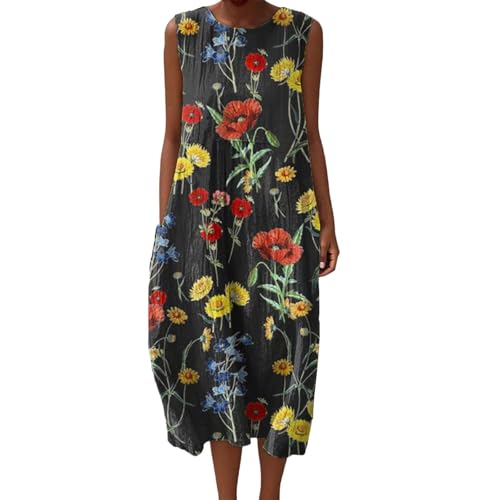 Image of Women's Sleeveless Midi Dress UK Plus Size Loose Fit Cotton Summer Dresses Bohemian Abstract Print Casual Smock Dress with Pockets Ladies Daily Tea Party Sundress