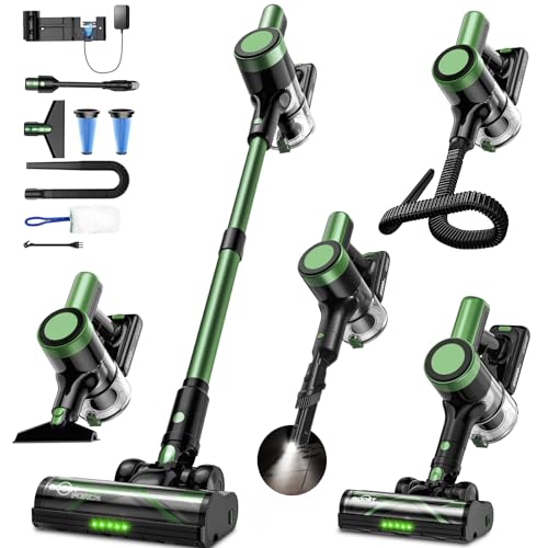 Image of Cordless Vacuum Cleaner, 58Kpa Vacuum Cleaners for Home, 55Mins Stick Vacuum with Self-Standing & LED Display, Anti-Tangle & Wall Mount Charging (Green Black)