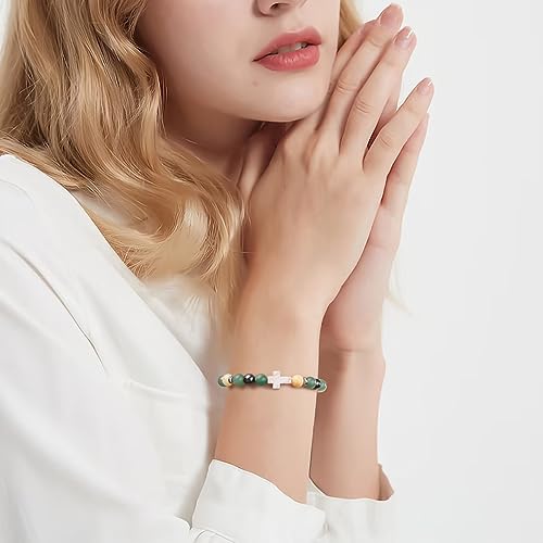 Image of QWNHONEY Cross Bracelet for Women Christian Gifts Colorful Imperial Stone Catholic Religious Jewelry Mothers Day Birthday Christmas Gifts for Women Mother Daughter Sister Girlfriend Grandma Wife
