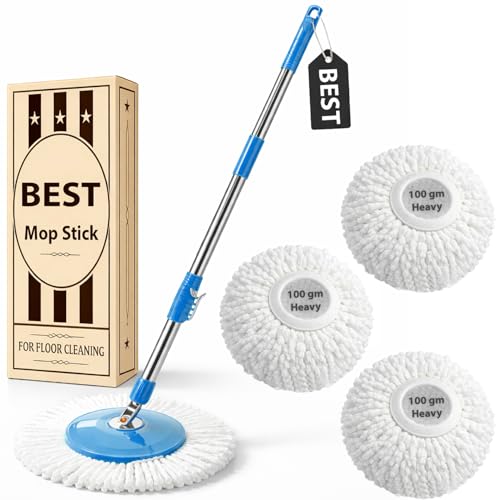 Image of Smart 360 Spin Mop Stick Rod with Stainless Steel Handle | Adjustable & Extendable Mop Handle | Heavy Duty Rust-Proof Floor Cleaning Rod Compatible with Spin Mop Refill - 3 Refill