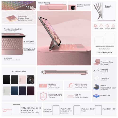 Image of typecase Edge Keyboard Case for iPad Air 13-inch(M3 /M2, 2025 /2024) & iPad Pro 12.9-inch(6th /5th /4th /3rd Gen), Floating Magnetic Cantilever Stand, 11-Color Backlight, Multi-Touch Trackpad, Rose Gold
