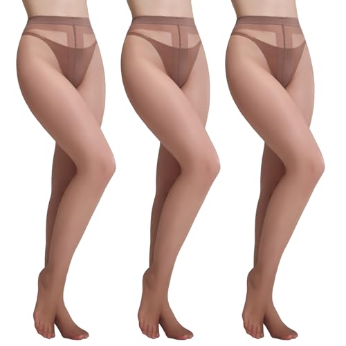 Image of Yilanmy 3 Pairs Sheer Tights for Women Ultra Thin T-Crotch Pantyhose High Waist Stockings 20D