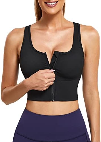 Bafully Women Padded Sports Bra Wirefree Mid Impact Yoga Bras Front Zip Longline Crop Tank Top for Workout Gym