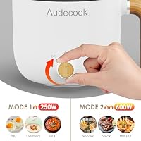Audecook Elektrische Hot Pot und Dampfgarer, 1.5L Tragbare Mini Antihaft Multikocher, Ramen Kocher, Travel Electric Bratpfanne mit Duale Leistungssteuerung für Steak/Nudeln/Ei/Hafer (White) – Ansicht 5