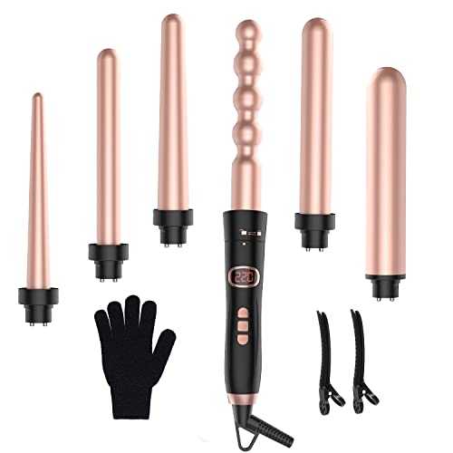 Rizador de pelo con diferentes accesorios – Rizadores 6 en 1 grandes y pequeños, rizos de pared de cerámica con guante rosa dorado, 9 – 32 mm
