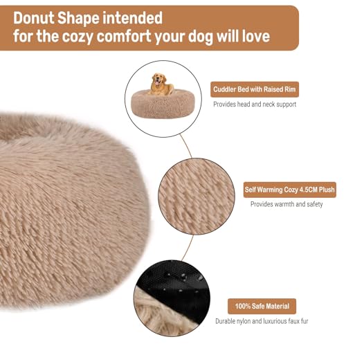 Fireowl Calming Dog Bed Large: 70cm Donut Anti-Anxiety Plush Cuddler, Soft Puppy Sofa, Cat Cushion, Machine Washable, Beige - Image 6