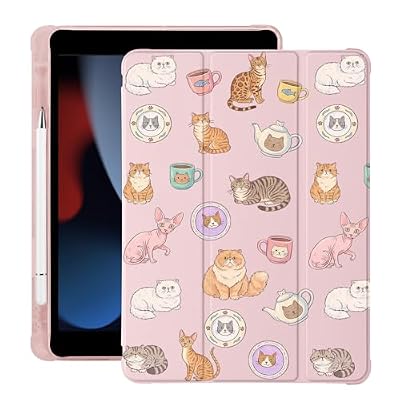 BlHMCASE Cute Kawaii Cat Kitten for iPad Air 11 Inch Case 7th/6th Generation (M3/M2) 2025/2024 with Pencil Holder, Auto Sleep/Wake, Pink Leather Soft TPU Back Cover