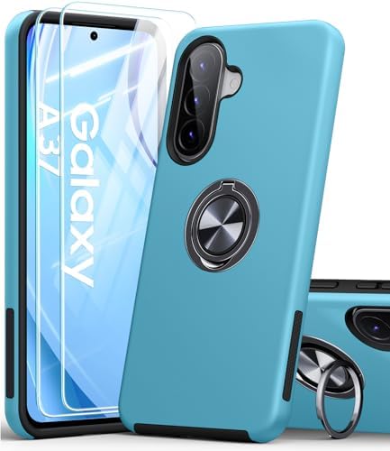 AOUIA für Samsung Galaxy A37 5G Hülle mit 2 Stück Panzerglas, 3-in-1 Set Schutzhülle, 360°Drehbarer Ring Kickstand, Militärstandard Stoßfest Handyhülle für Samsung A37, Himmelblau