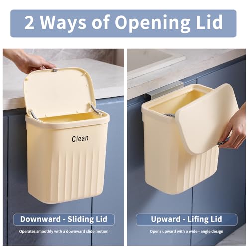 Image of Hanging Trash Can with Lid, 2.2 Gallon Kitchen Garbage Bin Food Waste Container Kitchen Compost Bin Wall Mounted Trash Can for Kitchen, Cupboard, Bathroom, Bedroom, Office, Under Sink - Beige