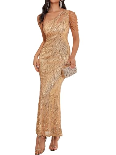 Elegant Sequin Dresses for Wedding Guest One Shoulder Dress for Women with Bead Maxi Formal Gowns