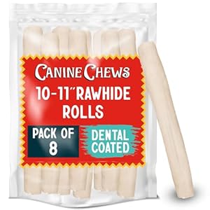 Canine Chews 10-11″ Dental Coated Jumbo Rawhide Retriever Rolls (8 Pack) – Breath Freshening & Long Lasting Dental Chews for Dogs Large Size – Teeth Cleaning Dog Treats for Aggressive Chewers