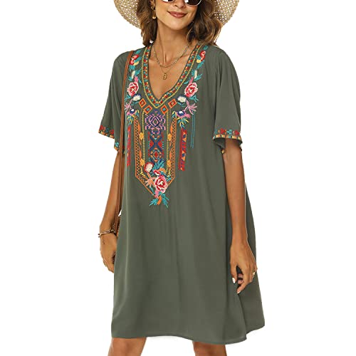 Higustar Women's Mexican Embroidered Dresses Peasant Bohemian Dress Fiesta Plus Size Boho Floral Hippie Skirts For Women Green #TOP4