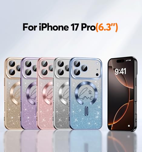 Misscase Magnetic Glitter Case for iPhone 17 Pro,Gradient Love Hearts Plating Phone Case Compatible with MagSafe,Built-in Camera Lens Protector,Cute Full Cover Protection Case for Women-Gold by Misscase - Image 5