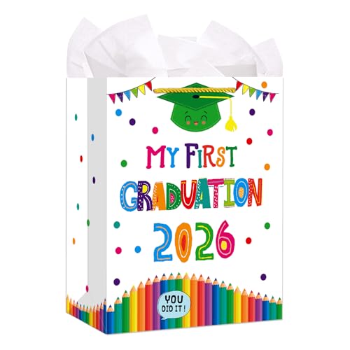 D4DREAM Preschool Graduation Gift Bags 2026-11.5'' My First Graduation Gift Bag with Tissue Paper and Handle for Kids Kindergarten Pre K Gifts Bags for Boys Girls Students Party Favors
