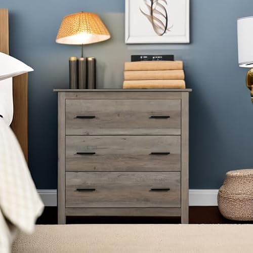 Vikiullf Wooden Chest of Drawer - 3 Drawer Dresser for Bedroom, Farmhouse Dresser, Storage Drawers for Bedroom, Nursery, Living Room, Hallway, Entryway Organizer, Grey