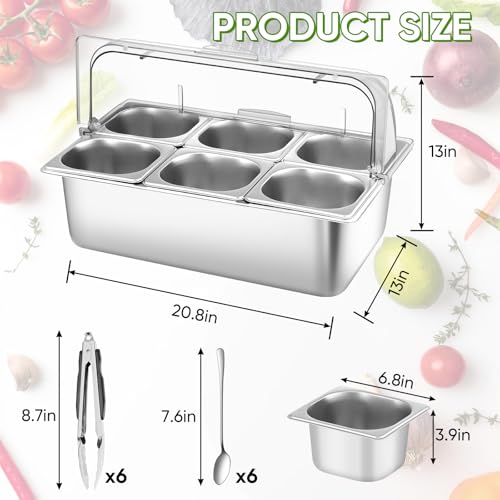 Qmeeki Countertop Food Serving Display Container with Clear Roll Top Cover, Stainless Steel Serving Tray Buffet Condiment Dispenser Ice Cooled Food Display Rack Pans(6 Pan) by Qmeeki - Image 2
