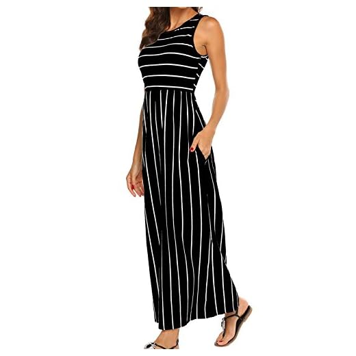 Womens Sleeveless Round Neck Striped Tank Maxi Dress with Pockets (Black, Large)