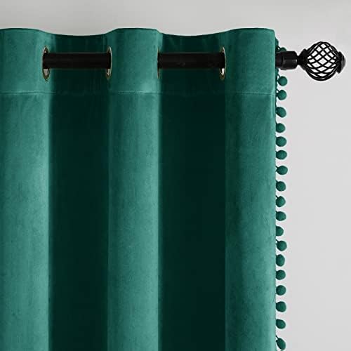 MIULEE 2 Panels Velvet Curtains Blackout Pom Pom Thermal Insulated drop Curtain Pair Eyelet Room Darkening Drapes Grommet for Living Room Kids Bedroom Nursery 46" W x 54" L Dark Green