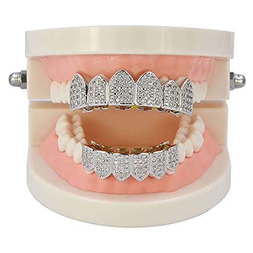 JINAO Bottom Grillz for Men Women Macro Pave Iced Out CZ Diamond 18K Gold Plated Grills for Your Teeth with Extra Molding Bars Included for Men Women (Silver bottom) by JINAO - Image 5