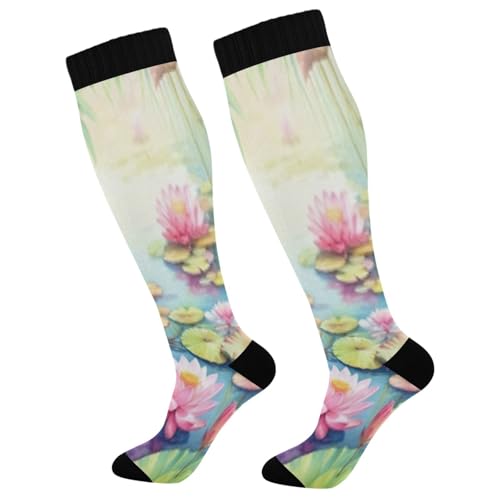 Wassud Watercolor Lotus Compression Socks for Women and Men 20-30 mmHg Knee High Socks for Nurses Travel Socks 2 Pair