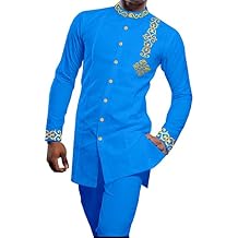 African Men Shirt and Pant 2 Piece Set Button Up Cotton Dashiki Outfit Gold Print Traditional Ethnic Suit Color Light Blue, Size Medium