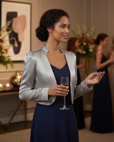 Bolerose formal Satin Langen Ärmel Bolero Jacke (Silber, S)