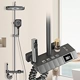 Sistema ducha lluvia, juego grifería en latón, cabezal 30cm con refuerzo de presión, pantalla LED temperatura, selector tipo teclas de piano, ducha de mano 3 chorros, desagüe bañera y pistola limpieza