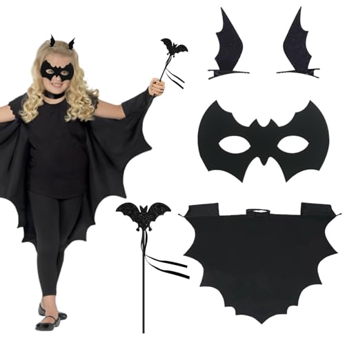SHOWHEEL Jogo de disfarce de morcego crianças 4 peças, capa de morcego crianças máscara ganchos para o cabelo varinha, Halloween disfarce de morcego para menina, costume da trello per Bambini