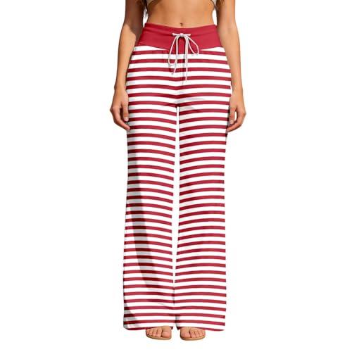 Pantalones de chándal para mujer, color rojo y blanco, a rayas, para fiestas de discoteca, disfraz cómodo, cintura elástica, pantalones de algodón, pantalones hippie, pantalones de piernas anchas