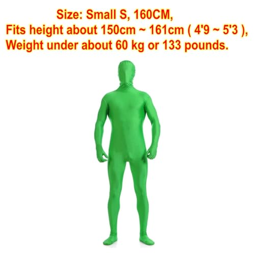 JZK S 160CM Full Body Green Screen Suit Cloth with Head for 150~161cm (4'9~5'3 under 133lb) Petite Adult Women Kids, Stretchy Stealth Suit for Fancy Dress Party, Halloween Bodysuit Costume