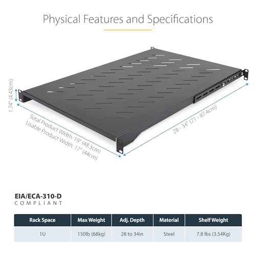 image for StarTech.com 1U 4-Post Server Rack Shelf, Vented, Adjustable Mounting 