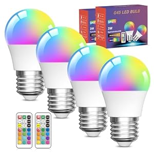 4 Pack Colour Changing Light Bulb 3W G45 E27 Dimmable Multi-Color Edison LED Lamp with Remote Control,RGB+Warm White, 12 Color Choices for Daily Lighting and Mood Lighting